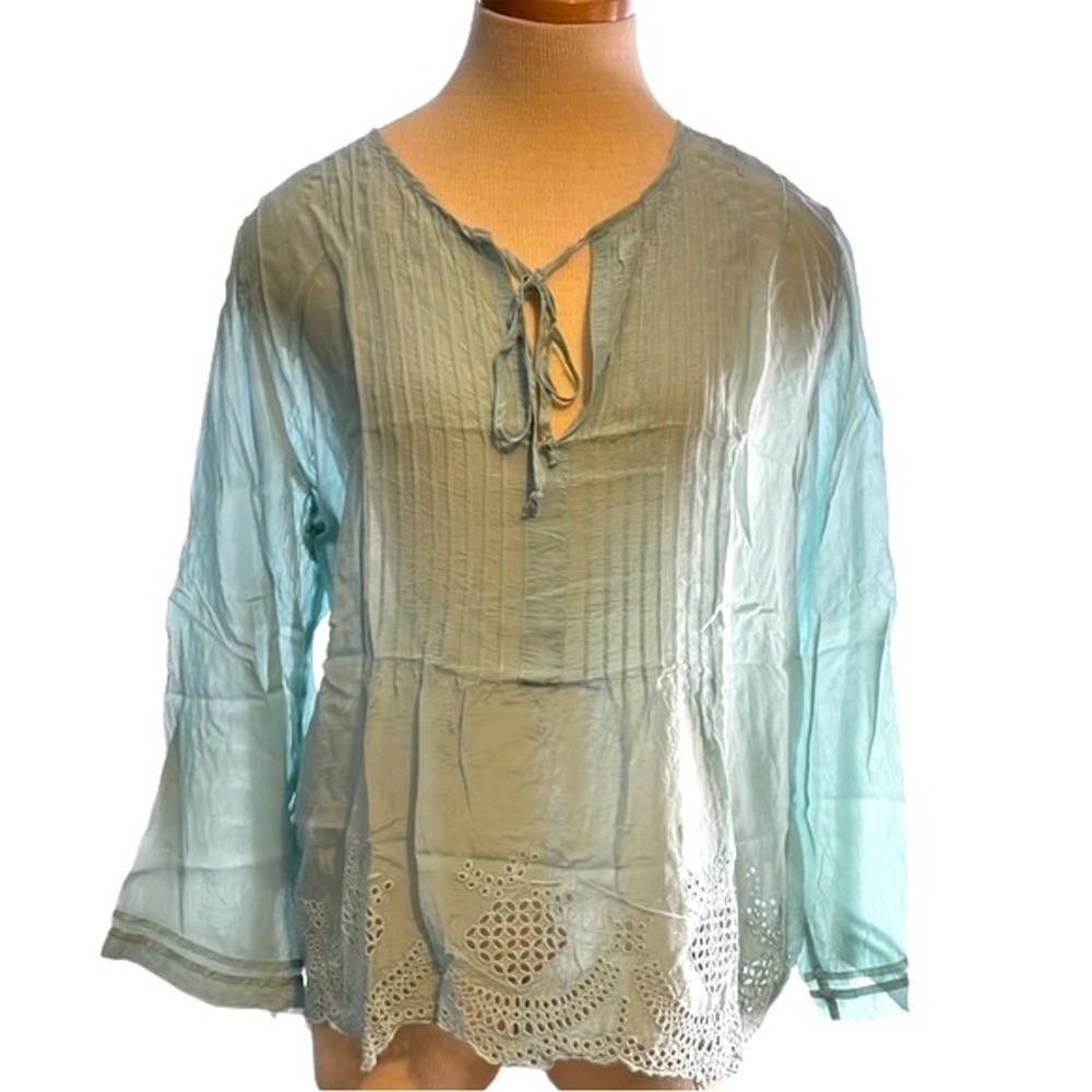 Johnny Was Sheer Tunic-Inspired Blouse, Turquoise, Medium